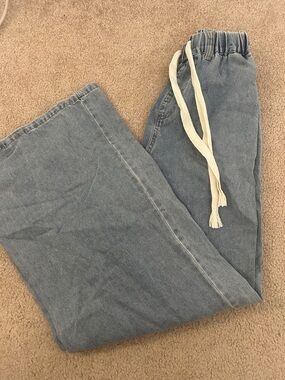 Light Blue Denim Jogger Pants with Cream Drawstring
